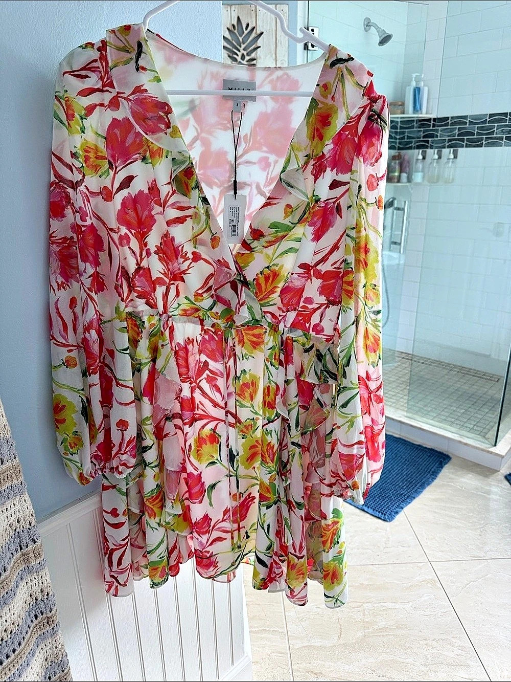 Milly Nora Neon Botanical Ruffle Dress Pink & Red Size 8